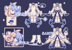 Rule 34 | 1girl, black choker, blue background, blue eyes, blue hair, boots, bright pupils, butterfly wings, character sheet, choker, elbow gloves, frilled leotard, frills, gloves, insect wings, leg up, leotard, looking at viewer, low twintails, medium hair, multicolored hair, multiple views, original, pink hair, sample watermark, smile, split-color hair, standing, standing on one leg, thigh boots, turnaround, twintails, upper body, watermark, white footwear, white gloves, white leotard, white pupils, wings, xianyudian laoban