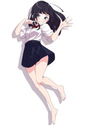 Rule 34 | 1girl, barefoot, black hair, blush, feet, finger to cheek, green eyes, grin, highres, knees together feet apart, long hair, looking at viewer, school uniform, simple background, smile, thighs, toes, white background