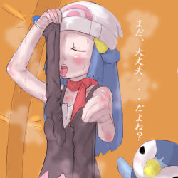 Rule 34 | 1girl, artist request, beanie, blue hair, blush, bracelet, closed eyes, creatures (company), dawn (pokemon), game freak, gen 4 pokemon, hat, jewelry, long hair, nintendo, piplup, pokemon, pokemon (creature), scarf, smell, smelling, smelling clothes, smoke, socks, steam, sweat, thighhighs, tongue, translated