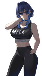 Rule 34 | 1girl, abs, absurdres, alternate costume, bare arms, bare shoulders, black pants, black sports bra, blue choker, blue eyes, blue gemstone, blue hair, breasts, choker, cleavage, clothes writing, commentary, cowboy shot, ear piercing, earclip, earrings, eipanguino, english commentary, english text, gem, hair between eyes, hair intakes, hand in own hair, hand on own hip, heart-shaped gem, highres, hololive, hololive english, jewelry, large breasts, long hair, looking at viewer, midriff, navel, ouro kronii, pants, parted lips, piercing, simple background, smile, solo, sports bra, standing, teeth, toned, virtual youtuber, white background, wolf cut, yoga pants
