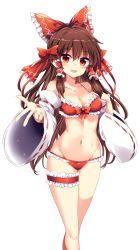 Rule 34 | 1girl, bare shoulders, bikini, blush, bow, breasts, bridal garter, brown hair, cleavage, collarbone, commentary request, detached sleeves, feet out of frame, frilled bikini, frilled bow, frills, groin, hair bow, hair tubes, hakurei reimu, halterneck, highres, long hair, long sleeves, looking at viewer, maturiuta sorato, medium breasts, navel, open mouth, red bikini, red bow, red eyes, sidelocks, simple background, smile, solo, standing, stomach, swimsuit, thighs, touhou, very long hair, white background, wide sleeves