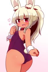 Rule 34 | 1girl, :d, animal ear fluff, animal ears, ass, bare shoulders, blonde hair, blush, breasts, dark-skinned female, dark skin, etrian odyssey, fake animal ears, gradient background, hair between eyes, hand up, heart, heart-shaped pupils, high ponytail, highres, leotard, looking at viewer, looking back, masurao (sekaiju), naga u, open mouth, pink background, playboy bunny, ponytail, purple leotard, rabbit ears, rabbit girl, rabbit tail, red eyes, sekaiju no meikyuu, sekaiju no meikyuu 5, sidelocks, small breasts, smile, solo, strapless, strapless leotard, symbol-shaped pupils, tail, teeth, upper teeth only, white background, wrist cuffs