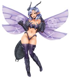 Rule 34 | 1girl, :d, animal hands, antennae, arthropod girl, bad link, barbariank, beelzebub (monster girl encyclopedia), black choker, carapace, choker, collarbone, commentary, contrapposto, crown, english commentary, fang, full body, fur, hair ornament, highres, insect wings, looking at viewer, medium hair, midriff, mini crown, monster girl, monster girl encyclopedia, navel, open mouth, pointy ears, purple thighhighs, silver hair, skull hair ornament, smile, solo, strapless, thick eyebrows, thighhighs, thighs, transparent background, tube top, v-shaped eyebrows, wings, yellow eyes