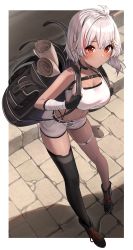Rule 34 | 1girl, absurdres, ahoge, bag, bandaged arm, bandages, bare shoulders, belt, black bag, black belt, black choker, black footwear, black gloves, black thighhighs, blush, breasts, brick road, chest harness, choker, cleavage, closed mouth, collarbone, commentary request, crop top, dark-skinned female, dark skin, fingerless gloves, from above, full body, gloves, hair between eyes, hair ornament, hairclip, harness, highleg, highres, large breasts, looking at viewer, medium hair, midriff, multicolored hair, navel, original, pouch, red eyes, red hair, shadow, shirt, shoes, short shorts, shorts, sidelocks, silver hair, single thighhigh, solo, standing, streaked hair, takom, tank top, taut clothes, taut shirt, thigh pouch, thighhighs, two-tone hair, white shorts, white tank top