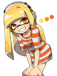 Rule 34 | 1girl, absurdres, blonde hair, collarbone, color guide, grin, hands on own knees, headphones, highres, ikachan pochan, inkling, inkling girl, inkling player character, leaning forward, long hair, nintendo, orange eyes, orange shirt, oversized clothes, oversized shirt, pointy ears, shirt, simple background, smile, splatoon (series), striped clothes, striped shirt, teeth, tentacle hair, two-tone shirt, white background, white shirt