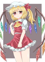 Rule 34 | 1girl, arm up, blonde hair, bow, bright pupils, chups, closed mouth, crystal, flandre scarlet, frilled shirt collar, frilled skirt, frills, grey background, hat, highres, looking at viewer, mob cap, red bow, red eyes, red skirt, red vest, shirt, short hair, short sleeves, side ponytail, simple background, skirt, skirt grab, solo, touhou, v-shaped eyebrows, vest, white frills, white hat, white shirt, white sleeves, wings, yellow neckwear