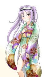 Rule 34 | 1girl, alternate costume, black ribbon, blush, commentary request, fate/hollow ataraxia, fate (series), floral print, hairband, hanaimo, japanese clothes, kimono, lolita hairband, long hair, long sleeves, looking at viewer, obi, ribbon, sash, smile, solo, stheno (fate), twintails, white background