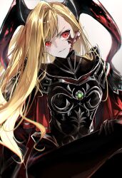 Rule 34 | 1girl, armor, asymmetrical bangs, black armor, black bodysuit, black gloves, blonde hair, bodysuit, breastplate, breasts, facial mark, fate/grand order, fate (series), gloves, hair over one eye, highres, horns, kino kokko, large breasts, long hair, looking at viewer, nero claudius (fate), nero claudius (fate) (all), pauldrons, pointy ears, queen draco (fate), queen draco (third ascension) (fate), red eyes, shoulder armor, sitting, smile, solo, thighs