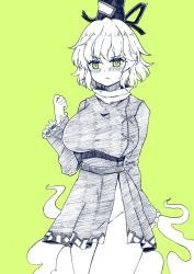 Rule 34 | 1girl, :&lt;, blush, breasts, bright pupils, closed mouth, cross-laced footwear, dress, ghost tail, green background, green eyes, greyscale, greyscale with colored background, groin, gurajio, hat, highres, large breasts, long sleeves, looking at viewer, monochrome, ofuda, ofuda on clothes, short hair, simple background, soga no tojiko, sweatdrop, tate eboshi, touhou