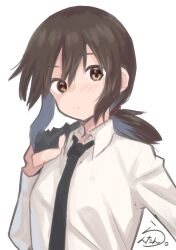 Rule 34 | 1girl, absurdres, alternate costume, black necktie, brown eyes, brown hair, closed mouth, collared shirt, fubuki (kancolle), hair between eyes, highres, jacket, jacket over shoulder, unworn jacket, kantai collection, lanthan, light blush, long sleeves, looking at viewer, low ponytail, necktie, shirt, short ponytail, sidelocks, signature, simple background, solo, standing, upper body, white background, white shirt