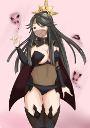 Rule 34 | 1girl, absurdres, black hair, breasts, brown eyes, bug, butterfly, cleavage, cosplay, dark mage (fire emblem fates), fire emblem, fire emblem fates, fire emblem heroes, hair ornament, highres, insect, large breasts, long hair, looking at viewer, mikoto (fire emblem), mouth veil, nintendo, nyx (fire emblem) (cosplay), see-through, simple background, smile, solo, standing, veil, zipperqr