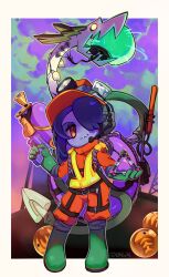 Rule 34 | 184nx, 1girl, belt, boots, border, crossover, fish eggs, full body, gloves, hair over one eye, hat, headlamp, headset, highres, leviathan (skullgirls), monster, nintendo, purple background, red eyes, rope, salmon run (splatoon), skullgirls, smile, solo, splat bomb (splatoon), splatoon (series), splatoon 3, splattershot (splatoon), squigly (skullgirls), standing, stitched mouth, stitches, white border