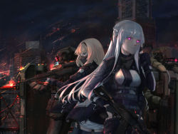 Rule 34 | 2girls, absurdres, aircraft, ak-12, ak-12 (girls&#039; frontline), an-94, an-94 (girls&#039; frontline), areaaaron, assault rifle, belt, belt buckle, black gloves, blonde hair, blue eyes, braid, buckle, cape, closed mouth, french braid, gas mask, girls&#039; frontline, gloves, glowing, glowing eyes, gun, hair ornament, hairband, hand up, headgear, helicopter, highres, holding, holding gun, holding weapon, huge filesize, jacket, kalashnikov rifle, long hair, long sleeves, looking at viewer, mask, military, multiple girls, muzzle device, night, night sky, purple eyes, ribbon, rifle, scenery, scope, sidelocks, silver hair, sky, trigger discipline, very long hair, weapon