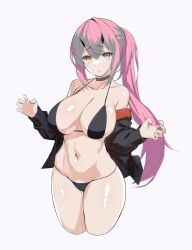 Rule 34 | 1girl, :o, bare shoulders, bikini, black bikini, black choker, black jacket, breasts, choker, cleavage, collarbone, cropped legs, grey eyes, grey hair, halterneck, heterochromia, highres, horns, jacket, large breasts, long hair, long sleeves, looking at viewer, multicolored hair, nakamura nagare, navel, off shoulder, open clothes, open jacket, original, parted lips, pink hair, ponytail, simple background, solo, stomach, string bikini, swimsuit, thighs, two-tone hair, very long hair, white background, yellow eyes