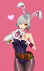 Rule 34 | 1girl, animal ears, belt, breasts, carrot, contrapposto, detached collar, fake animal ears, gloves, head tilt, heart, league of legends, necktie, one eye closed, open mouth, pantyhose, playboy bunny, rabbit ears, riven (league of legends), short hair, single glove, smile, spandex, vanquice, white hair, wink, wrist cuffs, yellow eyes
