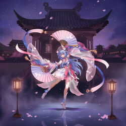 Rule 34 | 1girl, ahoge, architecture, arm up, bili girl 22, bilibili, blue dress, blue hair, boots, carminar, chinese clothes, detached sleeves, dress, east asian architecture, folding fan, hand fan, highres, lantern, long hair, looking at viewer, night, night sky, outdoors, sky, solo, standing, standing on one leg, star (sky), starry sky, very long hair, white footwear, wide sleeves, yellow eyes