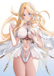 Rule 34 | 1girl, absurdres, arm up, azur lane, bare shoulders, blonde hair, blue eyes, breasts, brest (azur lane), closed mouth, collarbone, covered erect nipples, dress, feet out of frame, hair ribbon, hand on breasts, highres, large breasts, light blush, long hair, looking at viewer, navel, ok sign, pointy ears, ribbon, shitsurakuen (paradise lost), smile, solo, standing, stomach, white background, white dress
