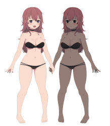 2girls :d :| aren&#039;t_grim_reapers_supposed_to_be_scary barefoot bikini black_bikini black_choker black_eyes black_nails breasts character_sheet choker closed_mouth dark-skinned_female dark_skin facial_tattoo full_body hair_between_eyes highres holding_hands kamuo lafi_(kamuo) light_blush long_hair looking_at_viewer medium_breasts messy_hair multiple_girls navel open_mouth purple_eyes rafi_(kamuo) red_hair red_pupils siblings sidelocks simple_background smile spaghetti_strap strapless strapless_bikini swimsuit tachi-e tattoo thick_thighs thighs twins white_background