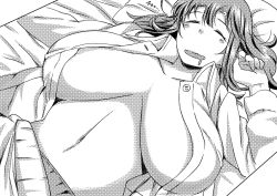 Rule 34 | 1girl, ahoge, bed, blush, breasts, breasts apart, buttons, comic, convenient censoring, drooling, greyscale, huge breasts, indoors, komusou (jinrikisha), long hair, lying, monochrome, navel, no bra, on back, ooba minori, open clothes, open mouth, open shirt, original, pillow, saliva, shirt, simple background, sleeping, smile, solo, white background, zzz