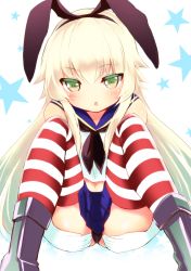 Rule 34 | 10s, 1girl, :o, ankle boots, bad id, bad pixiv id, between breasts, black neckerchief, blonde hair, blue skirt, boots, breasts, buttons, gloves, green eyes, hair ribbon, hairband, kantai collection, looking at viewer, nanashin naomi, neckerchief, parted lips, ribbon, sailor collar, school uniform, serafuku, shimakaze (kancolle), skirt, solo, striped clothes, striped thighhighs, thighhighs, thighs, tsurime, white gloves, zettai ryouiki