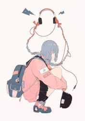 Rule 34 | 1girl, backpack, bag, black hat, black skirt, blue bag, blue footwear, blue hair, braid, commentary request, daisukerichard, flat color, from side, full body, grey background, hat, headphones, headphones removed, highres, holding, holding clothes, holding hat, lightning bolt symbol, long hair, long sleeves, looking away, original, pink sweater, pleated skirt, prehensile hair, sailor collar, shoes, simple background, skirt, sleeves past fingers, sleeves past wrists, sneakers, solo, squatting, sweater, twin braids, twintails, unworn hat, unworn headwear
