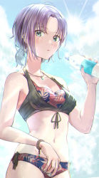 Rule 34 | 1girl, :o, ahoge, asakura toru, backlighting, bare arms, bare shoulders, bikini, black bikini, blue bikini, blue eyes, blue nails, blush, bottle, breasts, cleavage, collarbone, commentary request, day, floral print, groin, hand up, highres, holding, holding bottle, idolmaster, idolmaster shiny colors, jewelry, layered bikini, looking at viewer, nail polish, navel, outdoors, parted bangs, parted lips, pendant, print bikini, purple hair, shaka (staito0515), short hair, small breasts, solo, sun, sweat, swimsuit, water bottle