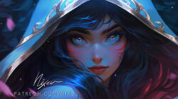 Rule 34 | 1girl, ahri (league of legends), artist name, black hair, hat, league of legends, long hair, multicolored hair, nixeu, nose, portrait, red hair, red lips, shiny skin, slit pupils, smile, solo, two-tone hair, watermark, web address