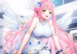 Rule 34 | 1girl, angel wings, blue archive, blush, breasts, dress, feathered wings, flower, frilled dress, frills, hair bun, hair flower, hair ornament, highres, large breasts, long hair, looking at viewer, mika (blue archive), open mouth, pantyhose, pink hair, purple flower, single side bun, sleeveless, sleeveless dress, smile, solo, white dress, white pantyhose, white wings, wings, xfate, yellow eyes