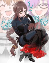 Rule 34 | 3girls, arm strap, black dress, black gloves, blue dress, blush, book, boots, braid, braided ponytail, breasts, brown eyes, brown hair, center opening, closed mouth, dress, earrings, elbow gloves, fate/grand order, fate (series), fujimaru ritsuka (female), glasses, gloves, grey dress, high heel boots, high heels, jewelry, knee boots, layered dress, light purple hair, long hair, long sleeves, mash kyrielight, medium breasts, multiple earrings, multiple girls, open book, open mouth, orange hair, ribbed dress, ribbon-trimmed dress, short hair, single braid, smile, solo focus, tekuteku aruko, translation request, very long hair, yu mei-ren (fate)