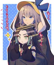 Rule 34 | 1boy, 1girl, :o, animal hood, bare shoulders, black gloves, black jacket, blonde hair, blue eyes, blue hair, blue ribbon, blush, bow, child, chinese clothes, collarbone, commentary request, earrings, eyeshadow, fate/grand order, fate (series), gloves, green eyes, green hair, hood, hood up, hug, hug from behind, jacket, jewelry, light blush, long hair, long sleeves, looking away, makeup, meltryllis, meltryllis (fate), meltryllis (swimsuit lancer) (fate), meltryllis (swimsuit lancer) (first ascension) (fate), multicolored hair, open mouth, penguin hood, pom59702, red eyeshadow, red ribbon, ribbon, sleeves past fingers, sleeves past wrists, sparkle, swimsuit, taisui xingjun (fate), text background, upper body, very long hair