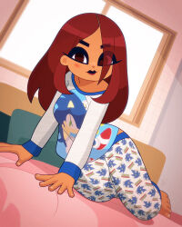 Rule 34 | 1girl, all fours, barefoot, bed, bedroom, blue shirt, blush, breasts, brown eyes, brown hair, character print, clothes writing, highres, long hair, long sleeves, looking at viewer, louis lloyd-judson, medium breasts, on bed, pajamas, pants, pillow, raglan sleeves, sega, shirt, sian (louis lloyd-judson), smile, sonic (series), sonic the hedgehog, white pants, window
