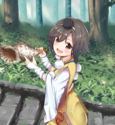 Rule 34 | 1girl, brown hair, commentary request, conch, daihouji (oshiro project), dargo, forest, from side, holding, holding shell, japanese clothes, looking at viewer, nature, oshiro project:re, oshiro project:re, seashell, shell, short hair, solo