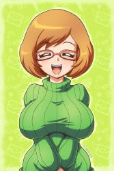 1girl, :d, artist name, bangs, blush, bob cut, breasts, brown hair, cat, envelope, eyebrows visible through hair, eyelashes, eyes closed, facing viewer, glasses, green sweater, heart, highres, impossible clothes, impossible sweater, large breasts, luis parada, nikki (swapnote), nintendo, open mouth, outline, red-framed eyewear, ribbed sweater, short hair, smile, solo, star (symbol), swapnote, sweater, swept bangs, taut clothes, taut sweater, teeth, turtleneck, upper body, upper teeth