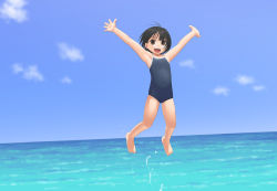 Rule 34 | 1girl, anda (pennyroyal tea), arms up, black hair, brown eyes, cameltoe, child, competition school swimsuit, day, flatcheez, jumping, ocean, one-piece swimsuit, onodera sayaka, open mouth, school swimsuit, sky, solo, swimsuit