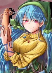 Rule 34 | 1girl, absurdres, adapted costume, blue hair, blush, breasts, commentary request, drop shadow, hair between eyes, hands up, haniwa (statue), haniyasushin keiki, head scarf, highres, holding, jewelry, large breasts, long hair, long sleeves, looking at viewer, magatama, magatama necklace, necklace, oshiaki, red eyes, ribbed sweater, smile, solo, sweater, touhou, turtleneck, turtleneck sweater, upper body, yellow sweater