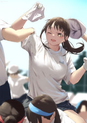 Rule 34 | 5girls, aya (jonsun), blue headband, blue sky, blurry, blurry background, breasts, brown hair, clothes writing, commentary request, gloves, headband, jonsun, medium breasts, medium hair, multiple girls, one eye closed, open mouth, original, outdoors, ponytail, shirt, sky, solo focus, t-shirt, white gloves, white shirt, yellow eyes