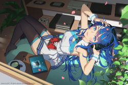 Rule 34 | 1girl, adjusting headphones, ai-chan (playstation), armpits, bean bag chair, black thighhighs, blue eyes, blue hair, blush, breasts, cherry blossoms, closed mouth, cosmetics, cup, day, detached collar, dress, full body, game console, garter straps, handheld game console, headphones, indoors, knees together feet apart, lips, lipstick tube, long hair, looking at viewer, medium breasts, nail polish, off-shoulder dress, off shoulder, petals, pink nails, plant, playstation 2, playstation 3, playstation 4, playstation controller, playstation portable, playstation vita, red pupils, shade, short dress, sitting, sleeveless, smile, solo, sony, sunlight, tablet pc, thighhighs, thighs, vofan, white dress, wrist cuffs