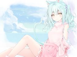 Rule 34 | 1girl, animal ears, bad id, bad pixiv id, bare shoulders, blue flower, blue sky, brown eyes, cat ears, cat girl, cat tail, closed mouth, cloud, cloudy sky, day, detached sleeves, feet out of frame, flower, green hair, hair between eyes, hair flower, hair ornament, horizon, knee up, long sleeves, looking at viewer, murano, ocean, original, pink shirt, pink skirt, pink sleeves, pleated skirt, shirt, sitting, skirt, sky, sleeveless, sleeveless shirt, smile, snowflake hair ornament, solo, tail, two side up, water, water drop, wide sleeves