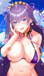 Rule 34 | 1girl, bare shoulders, bb (fate), bb (fate) (all), bb (swimsuit mooncancer) (fate), bb (swimsuit mooncancer) (second ascension) (fate), bikini, blush, breasts, collarbone, earrings, fate/grand order, fate (series), hair ribbon, jewelry, large breasts, long hair, looking at viewer, moruchi (rinaka moruchi), neck ribbon, nipples, one breast out, open mouth, purple bikini, purple eyes, purple hair, ribbon, smile, solo, star (symbol), star earrings, swimsuit, very long hair, wet