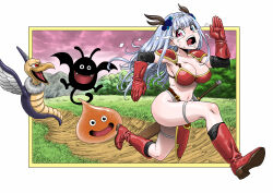 1girl absurdres armor bikini bikini_armor blue_eyes blue_hair boots breasts commentary_request cosplay crying detached_sleeves dragon_quest dragon_quest_iii fleeing gloves gowraith_(vtuber) highres indie_virtual_youtuber knee_boots large_breasts monster mountain open_mouth red_bikini red_boots red_gloves running slime_(dragon_quest) swimsuit takayama_akira tears thigh_strap warrior_(dq3) warrior_(dq3)_(cosplay)