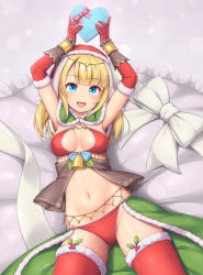 Rule 34 | 1girl, :d, armpits, arms up, bare shoulders, bell, bikini, blonde hair, blue eyes, bow, box, breasts, capelet, christmas, cleavage, commentary request, elbow gloves, fur trim, gift, gift box, gloves, gluteal fold, hat, heart-shaped box, highres, holding, holding gift, long hair, looking at viewer, lying, medium breasts, navel, on back, open mouth, original, pink ribbon, red bikini, red gloves, red thighhighs, ribbon, santa bikini, santa hat, sasaame, smile, solo, stomach, swimsuit, thighhighs, waist cape, white bow