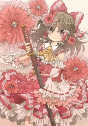 Rule 34 | 1girl, adapted costume, ascot, bad id, bad pixiv id, bare shoulders, bow, brown eyes, brown hair, detached sleeves, female focus, floral background, flower, frills, hair bow, hair flower, hair ornament, hair tubes, hakurei reimu, henki (orange), highres, holding, japanese clothes, katana, miko, sheath, sheathed, short hair, skirt, skirt set, smile, solo, sword, touhou, weapon, yellow ascot