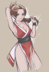 Rule 34 | 1girl, absurdres, arm behind head, armpits, breasts, brown eyes, brown hair, cleavage, collarbone, commentary, fatal fury, female focus, grey background, hand up, high ponytail, highres, japanese clothes, long hair, looking at viewer, matching hair/eyes, medium breasts, ninja, parted bangs, parted lips, pelvic curtain, ponytail, revealing clothes, shiranui mai, simple background, snk, solo, the king of fighters, thighs, tyanoki