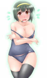 Rule 34 | 1girl, bare shoulders, black thighhighs, blush, breasts, brown eyes, collarbone, flying sweatdrops, green hair, groin, hairband, headset, highres, idolmaster, idolmaster (classic), large breasts, mole, mole under mouth, one-piece swimsuit, otonashi kotori, school swimsuit, short hair, solo, swimsuit, thighhighs, undersized clothes, white background, yoshi tama