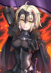 Rule 34 | 1girl, :d, arm behind back, armor, armored dress, banner, black cape, black dress, cape, chain, dress, fate/grand order, fate (series), fire, gauntlets, green eyes, highres, holding, holding weapon, jeanne d&#039;arc (fate), jeanne d&#039;arc alter (avenger) (fate), jeanne d&#039;arc alter (avenger) (first ascension) (fate), jeanne d&#039;arc alter (fate), looking at viewer, open mouth, short hair, signature, silver hair, smile, solo, standing, sunsun2812, sword, upper body, weapon
