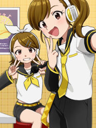 Rule 34 | 2girls, :d, belt, black sailor collar, black shorts, bow, bow hairband, breast pocket, brown eyes, brown hair, cosplay, detached sleeves, double v, futami ami, futami mami, grin, hairband, headphones, highres, holding, holding microphone, idolmaster, idolmaster (classic), kagamine len, kagamine len (cosplay), kagamine rin, kagamine rin (cosplay), long hair, looking at viewer, medium hair, microphone, multiple girls, naruse ill, neckerchief, necktie, open mouth, pocket, ponytail, sailor collar, sailor shirt, selfie, shirt, short sleeves, shorts, sitting, sleeveless, smile, swept bangs, v, vocaloid, voice actor connection, white bow, white shirt, yellow belt, yellow neckerchief, yellow necktie