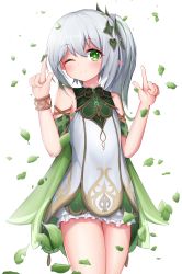 Rule 34 | 1girl, absurdres, bare shoulders, bracelet, closed mouth, cowboy shot, cross-shaped pupils, dress, flat chest, frills, genshin impact, green eyes, hair ornament, hands up, highres, index fingers raised, jewelry, kdsgame02, nahida (genshin impact), leaf, looking at viewer, multicolored hair, nahida (genshin impact), one eye closed, pointy ears, short dress, side ponytail, sleeveless, sleeveless dress, smile, solo, standing, streaked hair, symbol-shaped pupils, thighs, two-tone hair, white dress, white hair