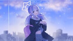 Rule 34 | 1girl, absurdres, ahoge, black jacket, black neckerchief, blue archive, blue hair, blurry, blurry background, blush, cityscape, cloud, cloudy sky, cowboy shot, falling petals, fukujin, grey shirt, grey skirt, hair bobbles, hair ornament, halo, highres, interlocked fingers, jacket, long hair, long sleeves, looking at viewer, low twintails, midriff peek, multicolored hair, navel, neckerchief, open clothes, open jacket, open mouth, outdoors, own hands together, petals, pink bag, pink hair, pink halo, pleated skirt, purple eyes, reisa (blue archive), sailor collar, shirt, sidelocks, skirt, sky, solo, standing, star (symbol), star hair ornament, twintails, white sailor collar