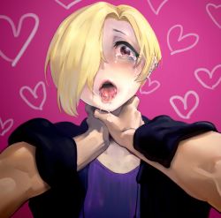 Rule 34 | 10s, 1girl, abuse, asphyxiation, blonde hair, dokiyuri, ear piercing, hair over one eye, hands in opposite sleeves, heart, heart background, highres, idolmaster, idolmaster cinderella girls, looking at viewer, makeup, open mouth, piercing, pov, red eyes, runny makeup, saliva, shirasaka koume, short hair, sleeves past wrists, solo focus, strangling, tears