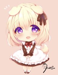 Rule 34 | 1girl, :d, animal ears, apron, bad id, bad pixiv id, blonde hair, blush, bobby socks, bow, breasts, brown background, brown bow, brown dress, brown footwear, brown ribbon, chibi, collared dress, dog ears, dog girl, dog tail, dress, frilled apron, frills, full body, hair between eyes, hair ribbon, hand up, haru ichigo, long sleeves, maid, neck ribbon, open mouth, original, purple eyes, red ribbon, ribbon, shoes, signature, simple background, small breasts, smile, socks, solo, standing, tail, tail raised, white apron, white socks